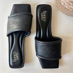 FRANCO SARTO Woman’s Black Caven Square Toe Slip On Leather Slide Sandals 10